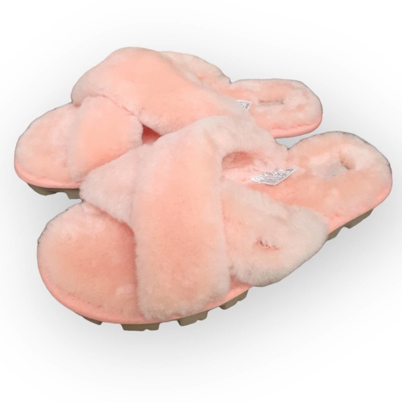 UGG Fuzzette Beverly Pink Criss Cross Strap Fur NIB Slippers Size 5 - Picture 2 of 12